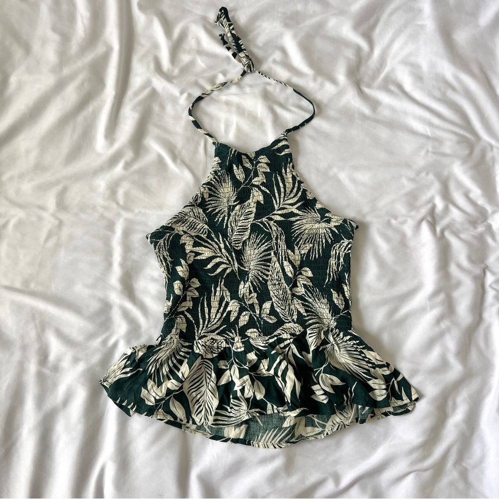 Floral Leaf Summer Vacation Halter Tank, M, Green and Beige